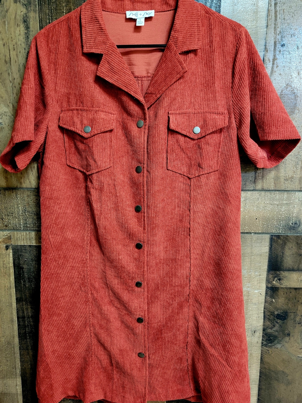 She + Sky Burnt Orange Corduroy Button-Front Shirt Dress